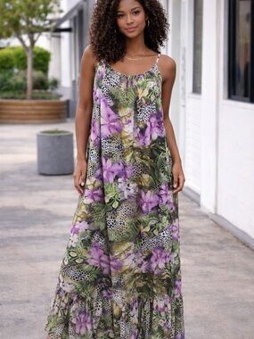 Tropical Lavender & Green Floral Maxi Dress